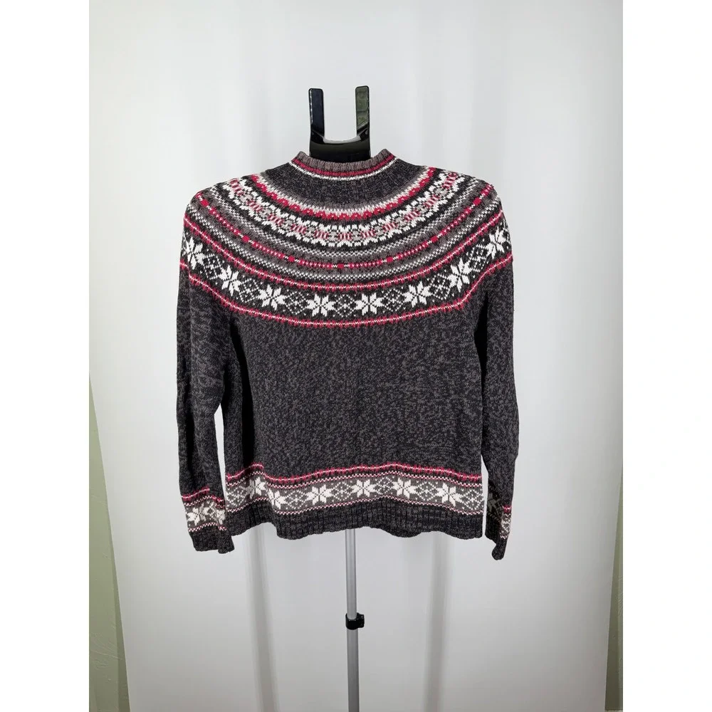 Heirloom Collectibles Womens Fair Isle Zip Cardigan Sweater Gray Red Snowflake L